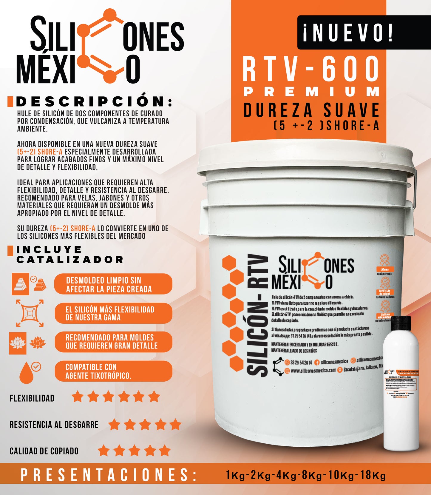 Caucho de Silicón RTV-600 (Premium) 1 kg Dureza Suave.