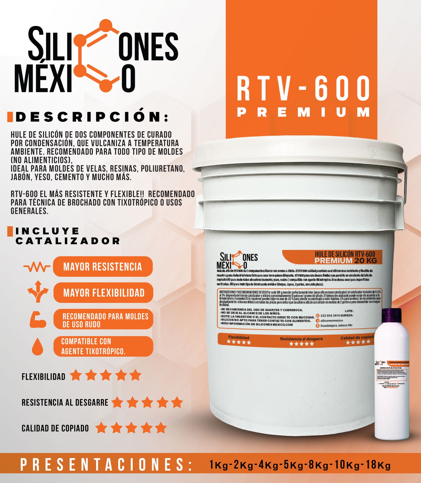 Caucho de Silicón RTV-520 (Estándar) 2 kg. Para moldes de velas, resina o yeso.