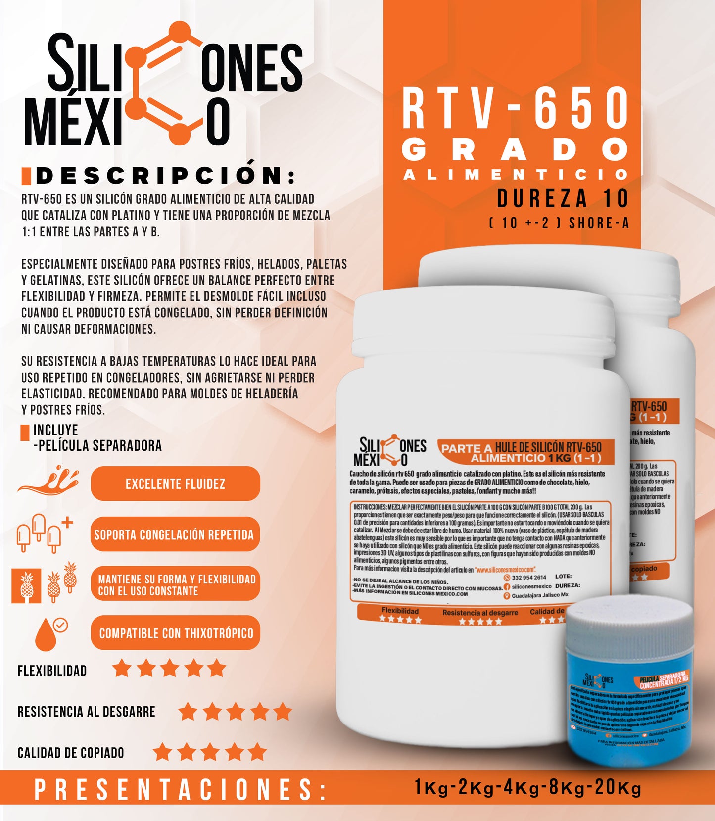 Caucho de Silicón RTV-650 (Grado Alimenticio) 1 Kg 1:1. Dureza 15