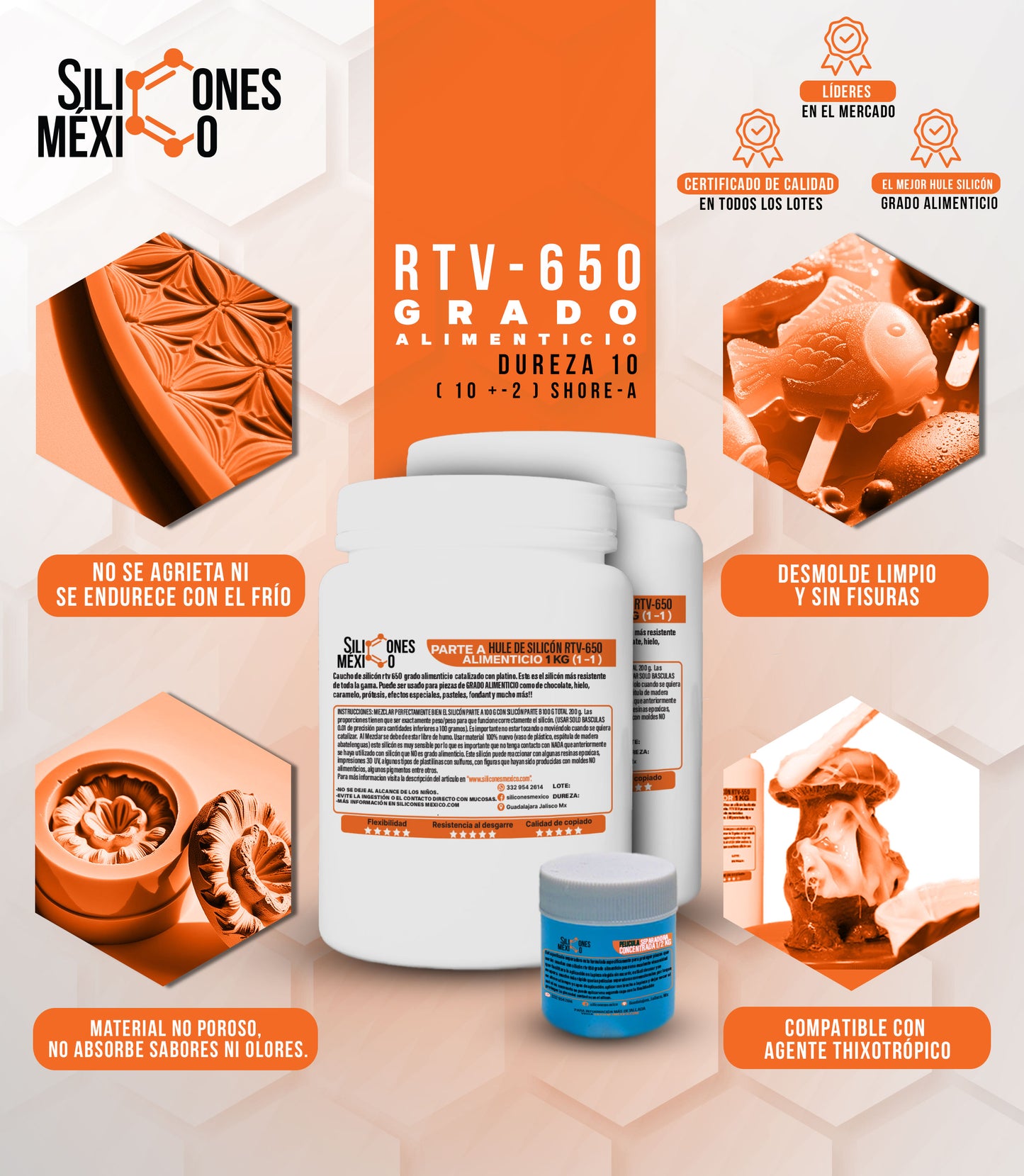 Caucho de Silicón RTV-650 (Grado Alimenticio) 1 Kg 1:1. Dureza 15