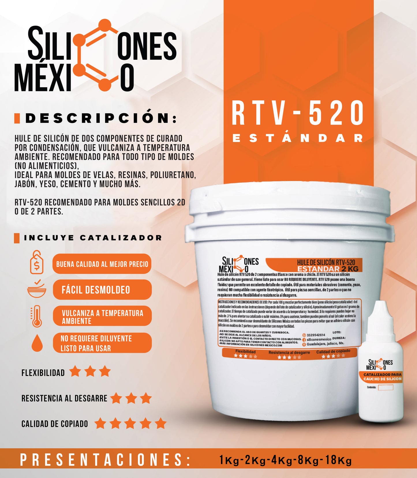 Caucho de Silicón RTV-520 (Estándar) 20 kg. Para moldes de velas, resina o yeso.