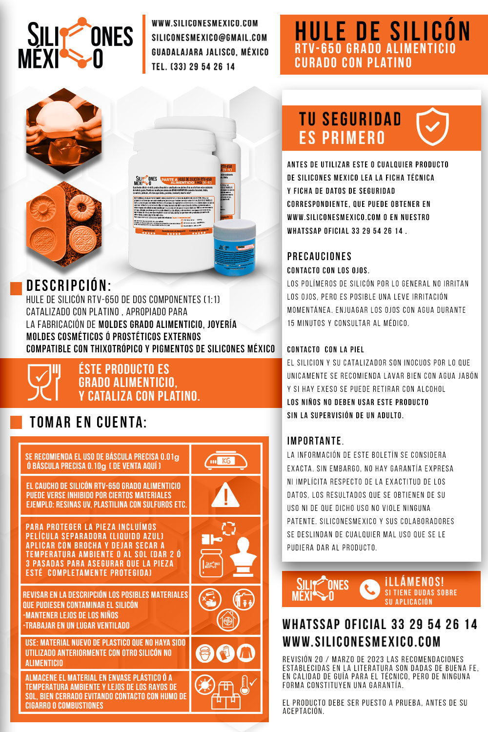 Caucho de Silicón RTV-650 (Grado Alimenticio) 2 Kg 1:1. Dureza 5