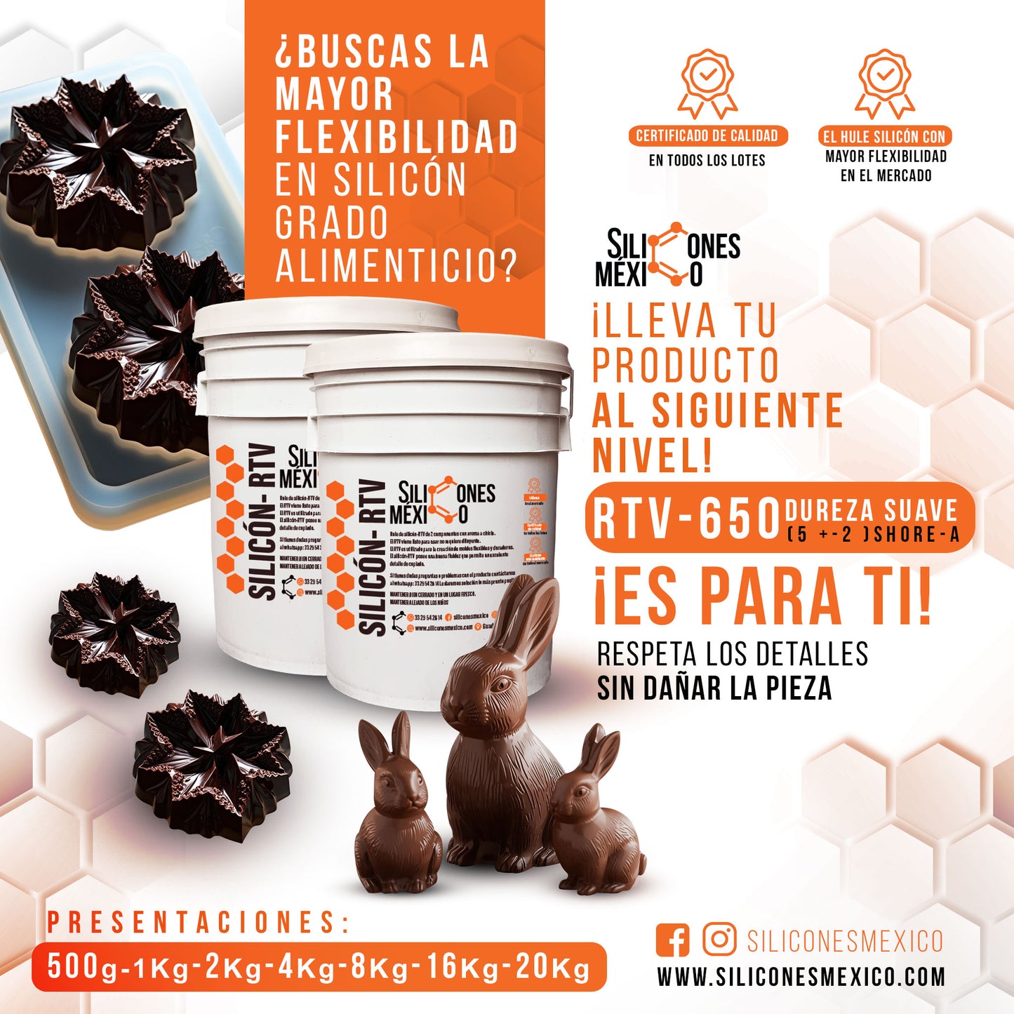 Caucho de Silicón RTV-650 (Grado Alimenticio) 2 Kg 1:1. Dureza 5