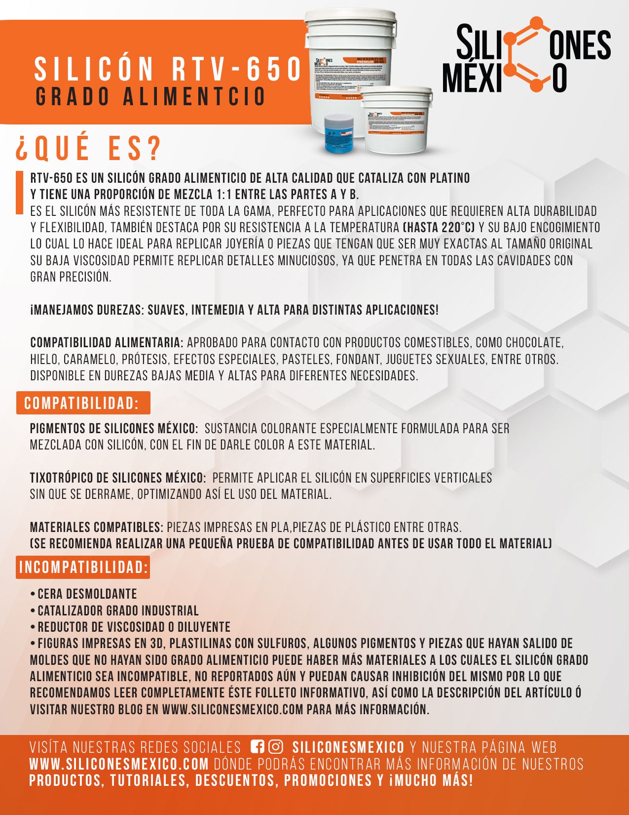 Caucho de Silicón RTV-650 (Grado Alimenticio) 500 gr 1:1. Dureza 20