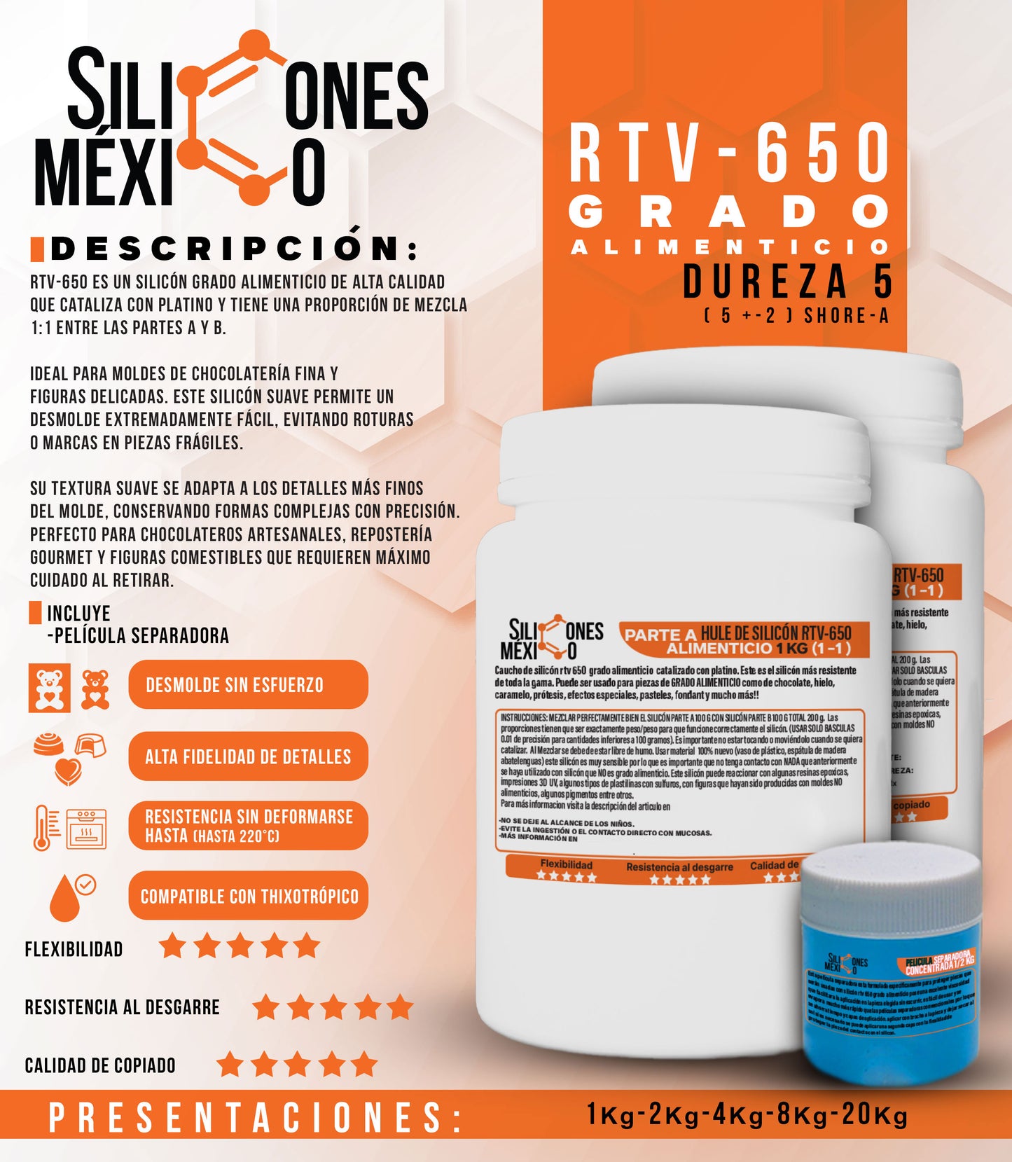 Caucho Silicón Rtv650 Grado Alimenticio 1 Kg Dureza 40 Shore