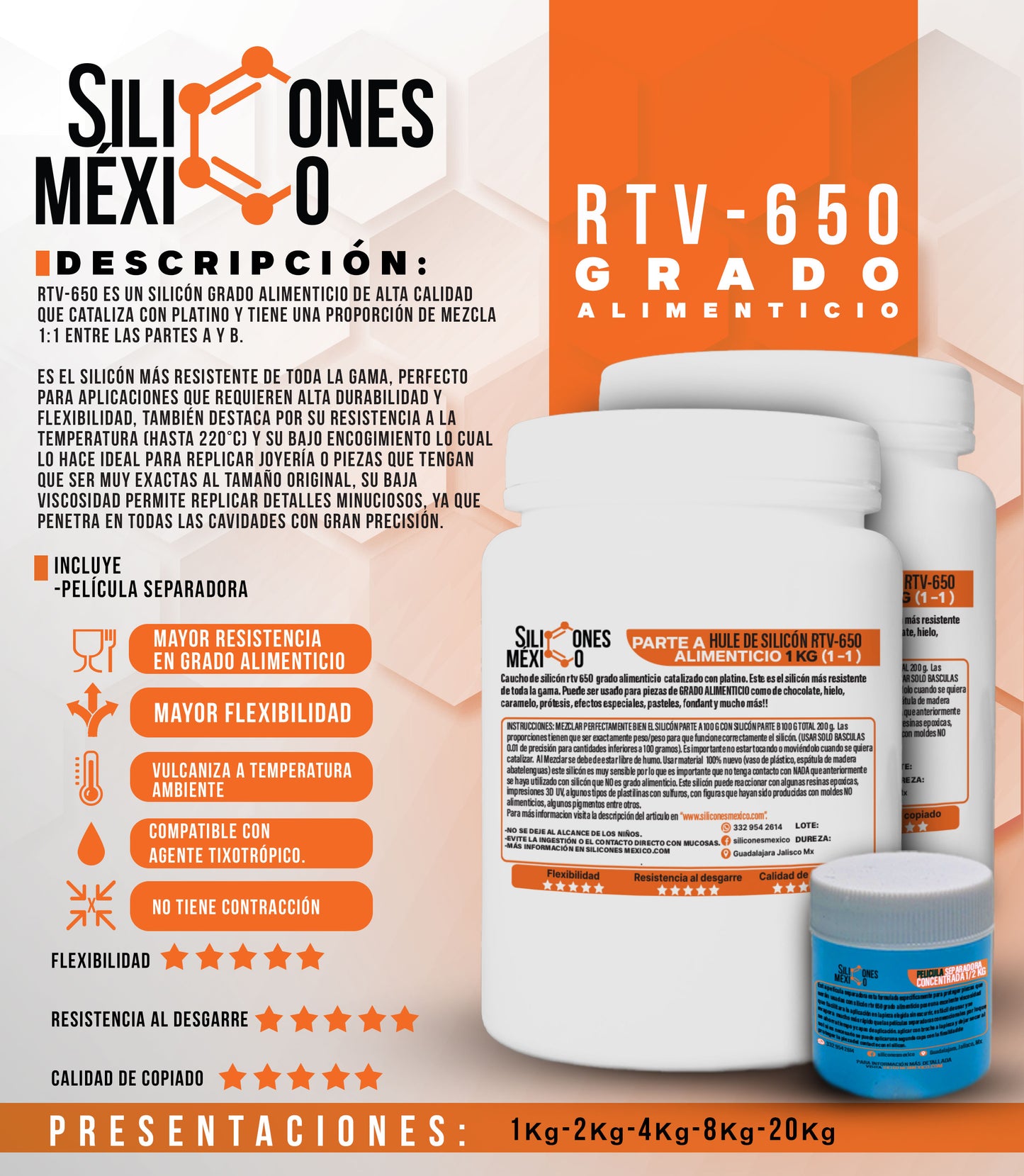 Caucho de Silicón RTV-650 (Grado Alimenticio) 500 gr 1:1. Dureza 20